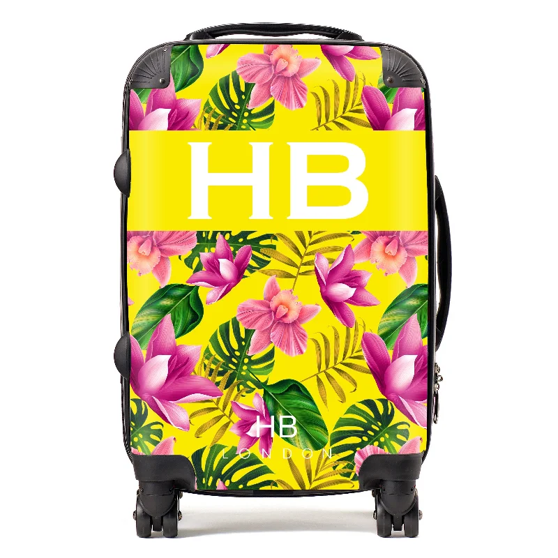 suitcase with travel locks-Personalised Yellow and Bright Pink Tropical Flowers with White Font Initial Suitcase