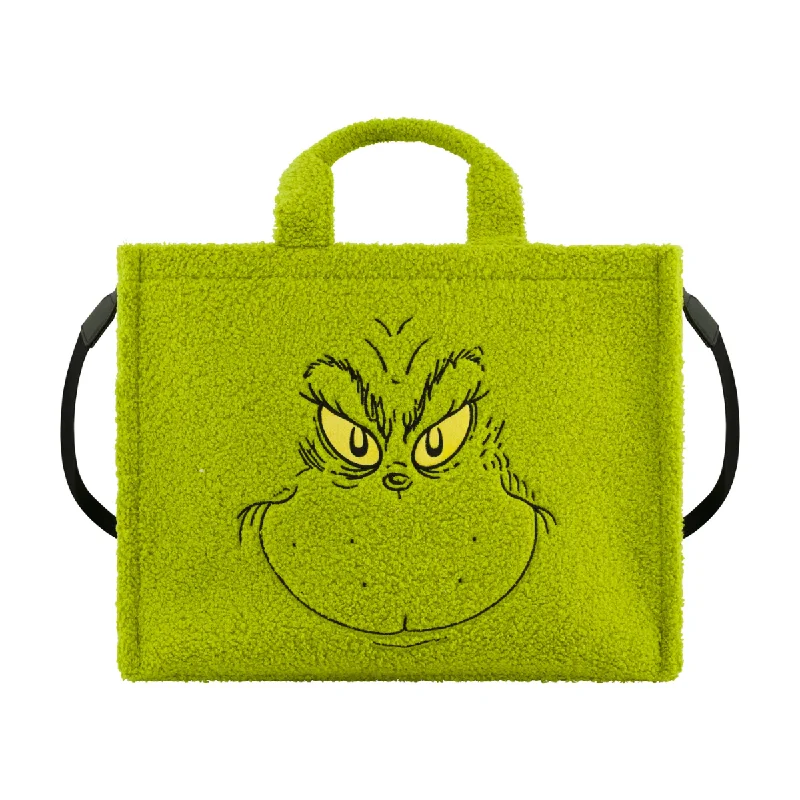 Tote Bag for errands-Grinch Big Face Sherpa Travel Tote with Trolly Strap