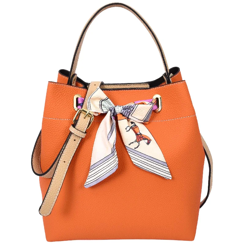 Tote Bag with floral design-Womens Faux Leather Large Tote with Cosmetics Bag Willow Orange