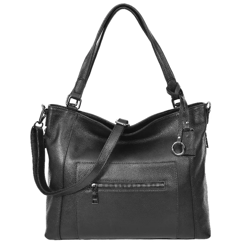 Tote Bag with tassels-Womens Leather Tote Shoulder Handbag Evelyn Black