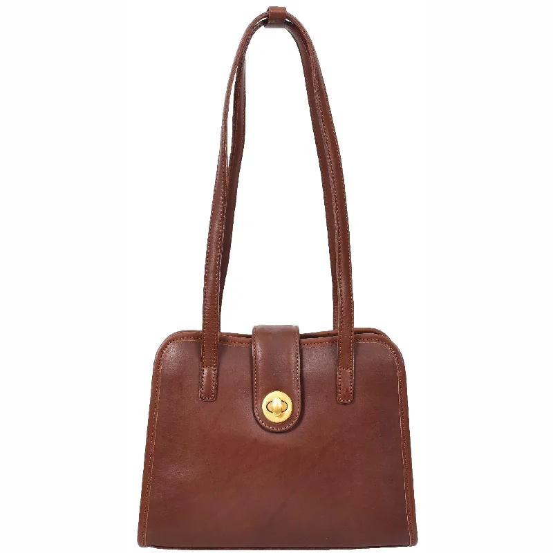 Tote Bag with reinforced bottom-Womens Tote Leather Bag Small Size Trendy Handbag HOL833 Brown