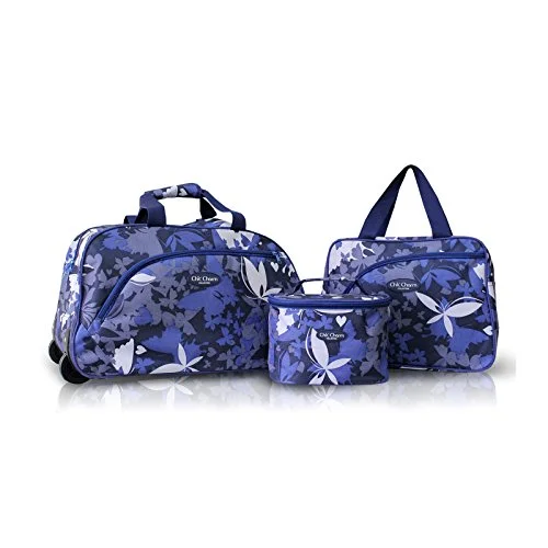 Tote Bag for holidays-3Pc Rolling Wheel Travel Bag And Cosmetic Bag Purse Tote Set Blue Butterflies