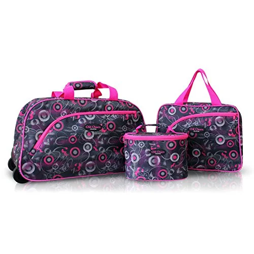 Tote Bag with short handles-3Pc Rolling Wheel Travel Bag And Cosmetic Bag Purse Tote Set Pink Circles