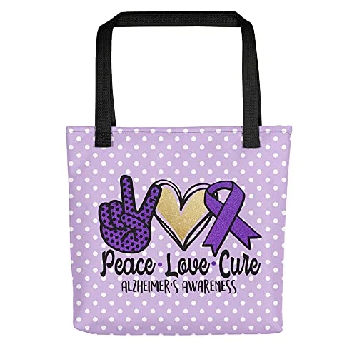 Tote Bag with minimalist design-Brain Health and Alzheimer's Awareness Tote Bag Peace Love Cure Purple Polka Dot Custom Design Size 15" x 15"