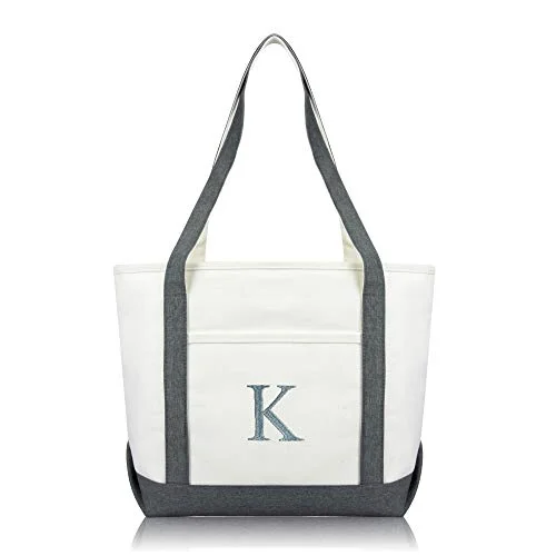 Tote Bag with tropical print-DALIX 20" K-Initial Tote Bag Monogrammed Cotton Canvas in Gray