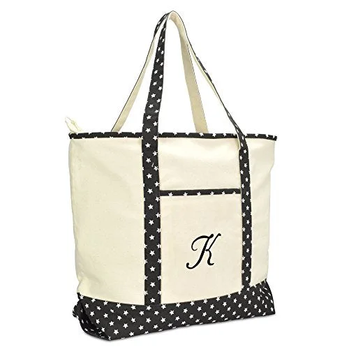 Tote Bag for essentials-DALIX Personalized Shopping Tote Bag Monogram Black Star Ballent Zippered Letter- K