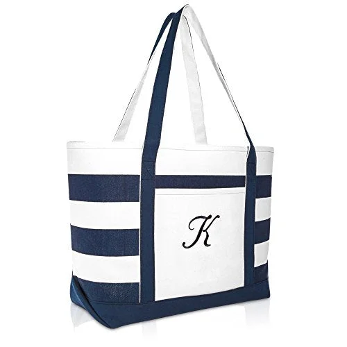 Tote Bag for gardening-DALIX Premium Beach Bags Striped Navy Blue Zippered Tote Bag Monogrammed K