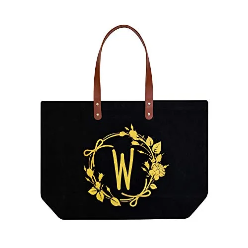 Tote Bag with animal print-ElegantPark Monogrammed Gifts for Women Personalized Gifts Bag Monogram W Initial Bag Tote for Wedding Bride Bridesmaid Gifts Birthday Gifts Teacher Gifts Bag with Pocket Black Canvas