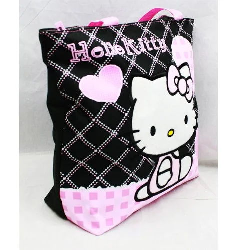 Tote Bag for sports-Hello Kitty Black Tote Bag - Pink Hearts