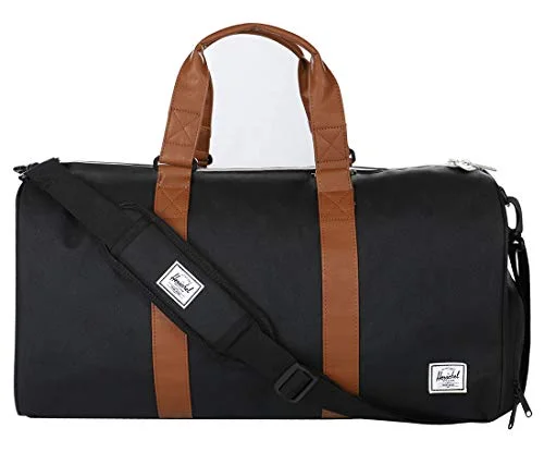 Duffel Bag for small gear-Herschel Novel Duffel Bag, Black/Tan Synthetic Leather, Mid-Volume 33.0L