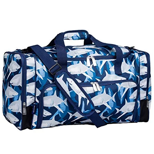 Duffel Bag for beach gear-Wildkin Kids Weekender Duffel Bag for Boys and Girls, Carry-On Size and Perfect for Weekend or Overnight Travel, 600-Denier Polyester Fabric Duffel Bags Measures 22 x 12 x 12 Inches (Sharks)