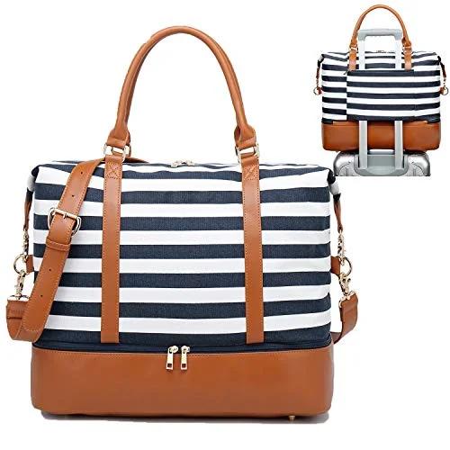 Tote Bag for parties-Womens Travel Weekend Bag Canvas Overnight Carry on Shoulder Duffel Beach Tote Bag (Blue stripe with shoe compartment)